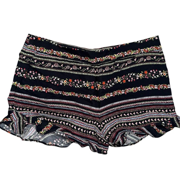 LOFT Pants - LOFT Black Floral Stripe Ruffle-Hem Shorts